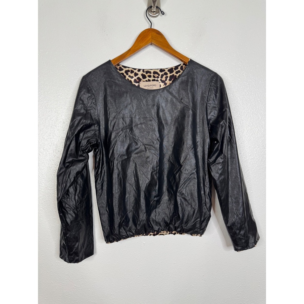 Loyd/Ford Palm Springs Faux Leather Leopard Lined Blouse Black Size 4 USA Made